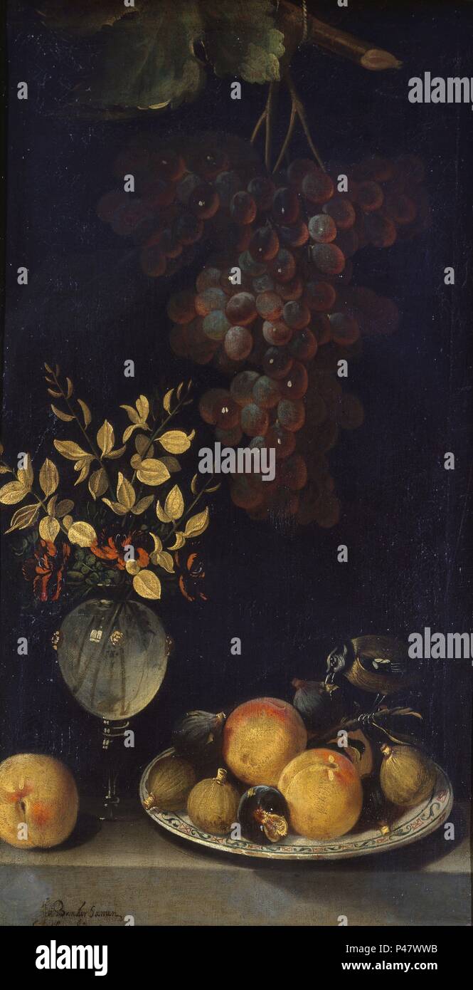 FLORERO Y FRUTERO, O/L 78x41, 1622, Nº INV 651, BODEGON SIGLO XVII -  BARROCO ESPAÑOL. Author: Juan van der Hamen y León (1596-1631). Location:  ACADEMIA DE SAN FERNANDO-PINTURA, MADRID, SPAIN Stock Photo - Alamy