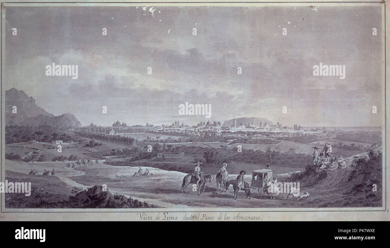 VISTA DE LIMA DESDE EL PASEO DE LOS AMANCAES - DIBUJO SIGLO XVIII - 295 x 550. Author: Fernando Brambila (1763-1832). Location: MUSEO NAVAL / MINISTERIO DE MARINA, MADRID, SPAIN. Stock Photo