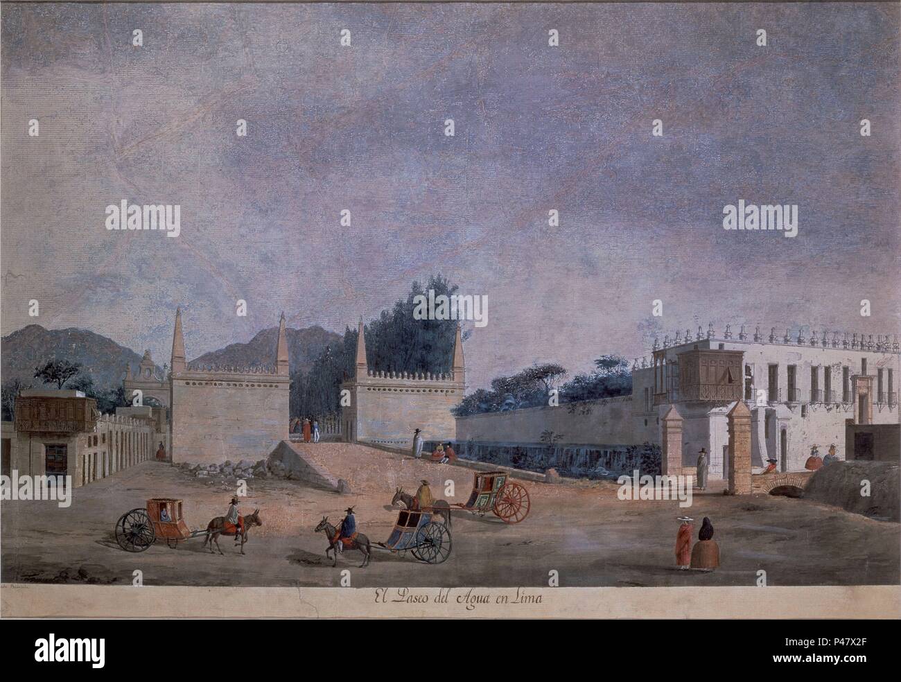 PASEO DEL AGUA EN LIMA - SIGLO XVIII - EXPEDICION MALASPINA. Author: Fernando Brambila (1763-1832). Location: MUSEO NAVAL / MINISTERIO DE MARINA, MADRID, SPAIN. Stock Photo