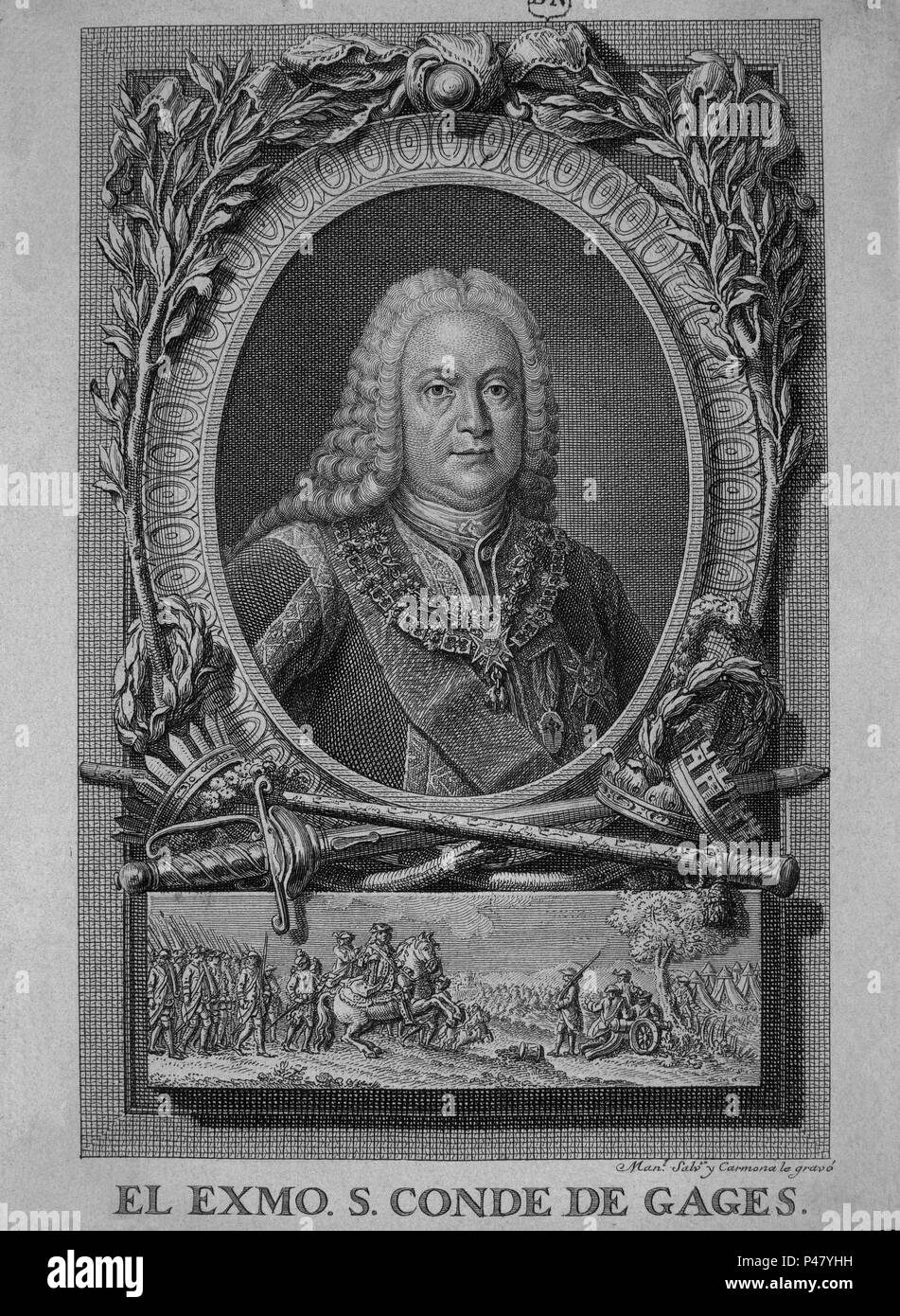 JOSE BUENAVENTURA CONDE DE GAGES (1682-1753) - GRABADO SIGLO XVIII. Author: Manuel Salvador Carmona (1734-1820). Location: BIBLIOTECA NACIONAL-COLECCION, MADRID, SPAIN. Stock Photo
