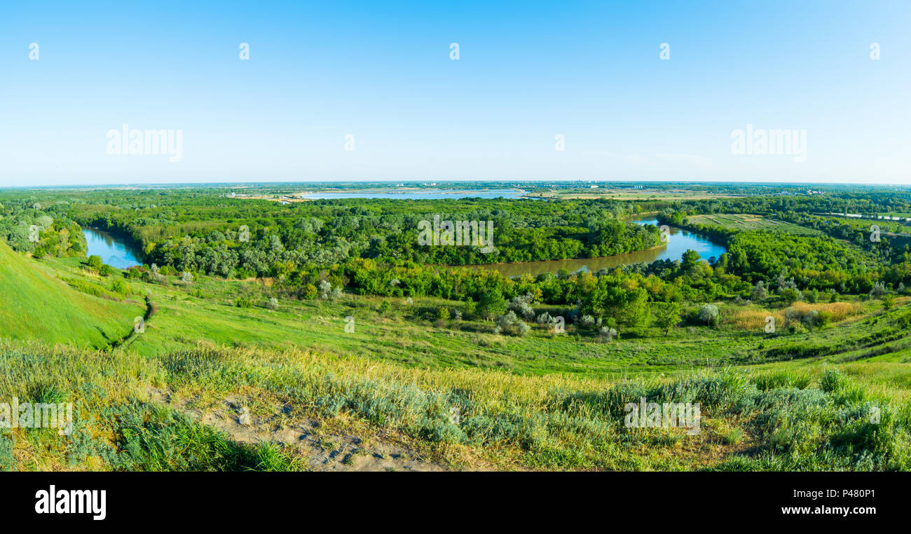 Aerial shot of the beautiful russian river among the green hills in Krasnodarsky kray, Russia, Kuban river Stock Photo