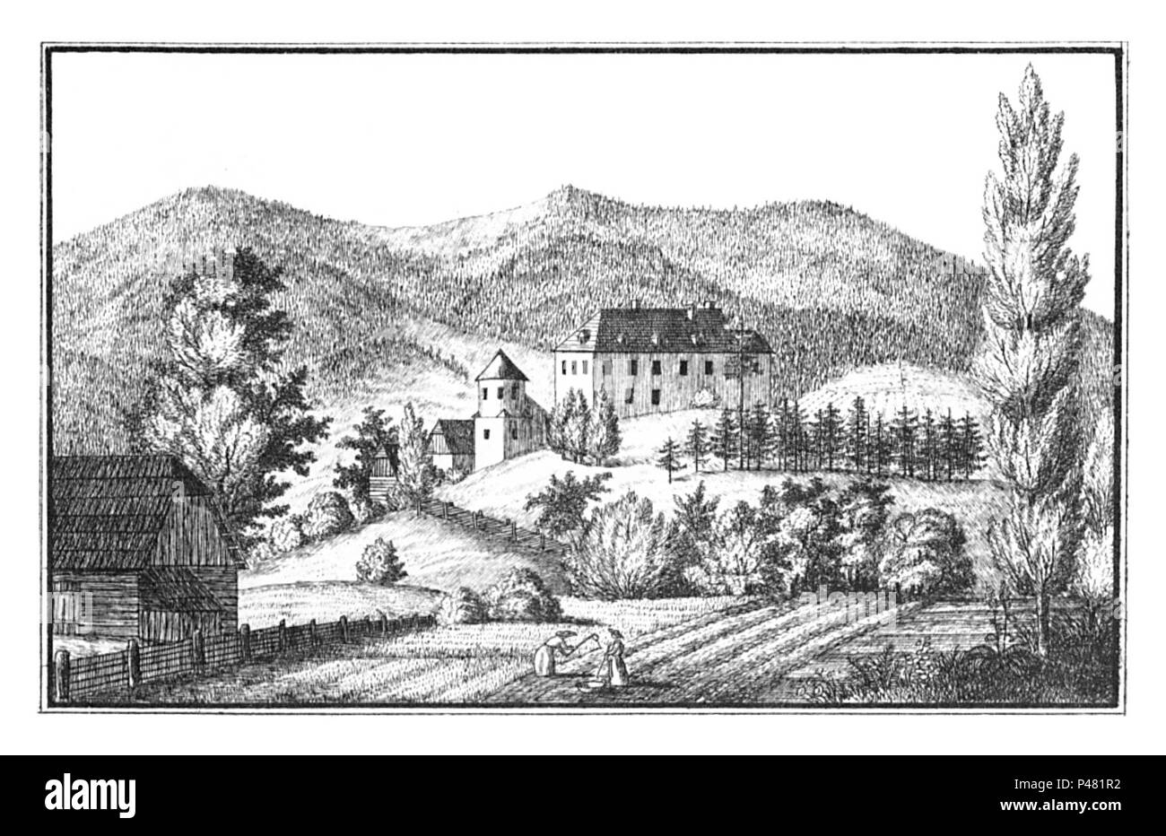 114 Schloss Gumpenstein, Irdning - drawing by S. Kölbl - J.F.Kaiser Lithografirte Ansichten der Steiermark 1830. Stock Photo