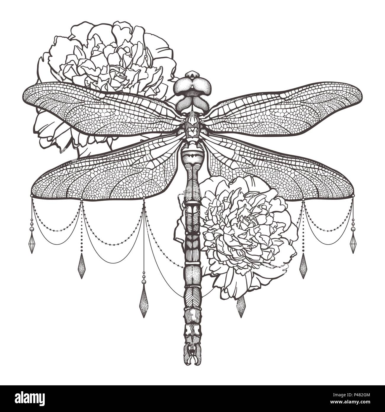 Black dragonfly Aeschna Viridls and peonies. T-shirt design. Isolated on white background. Dragonfly tattoo sketch. Coloring books. Symbol of freedom, travel. Hand-drawn vector illustration. Stock Vector