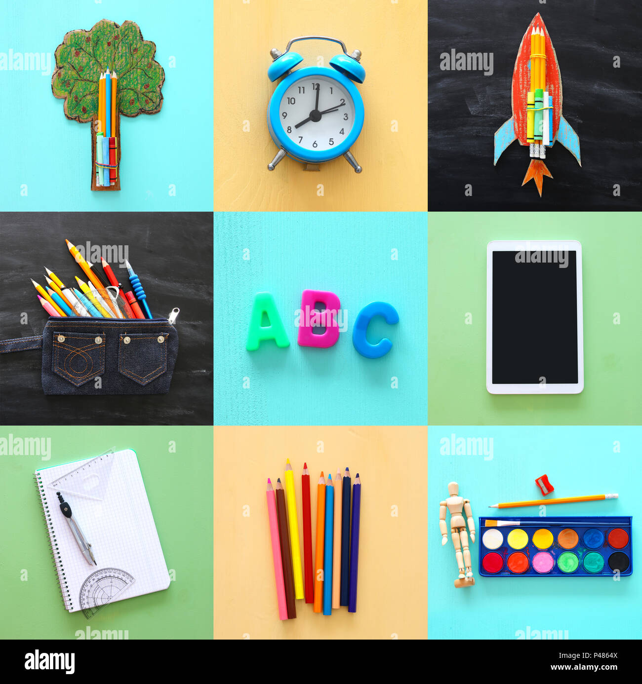 School supplies collage Stock Photo - Alamy