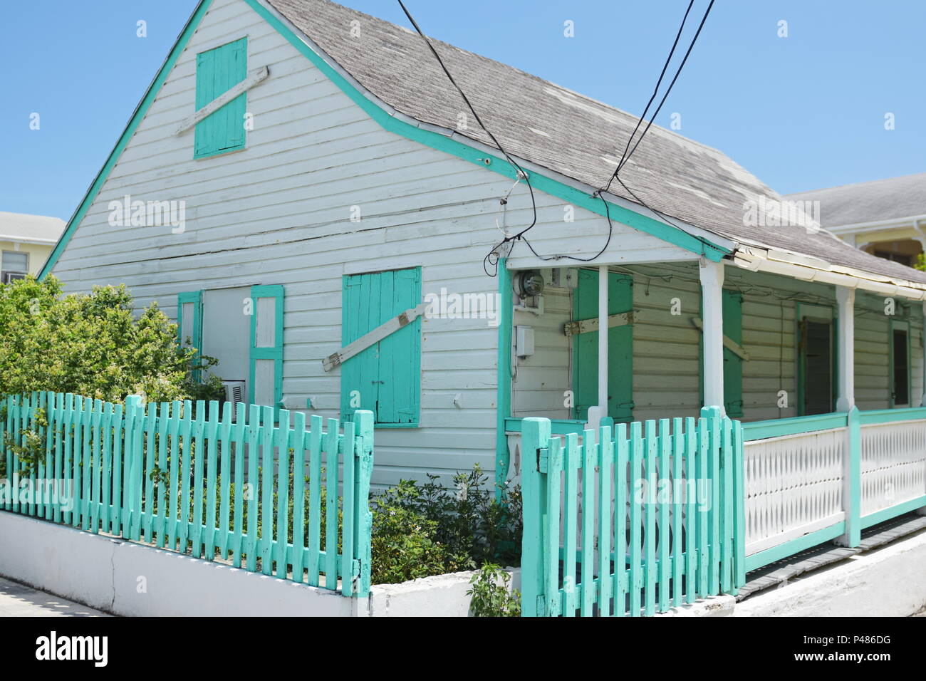Older historic homes in New Providence, Green Turtle Cay island in the Bahamas. Weathered and