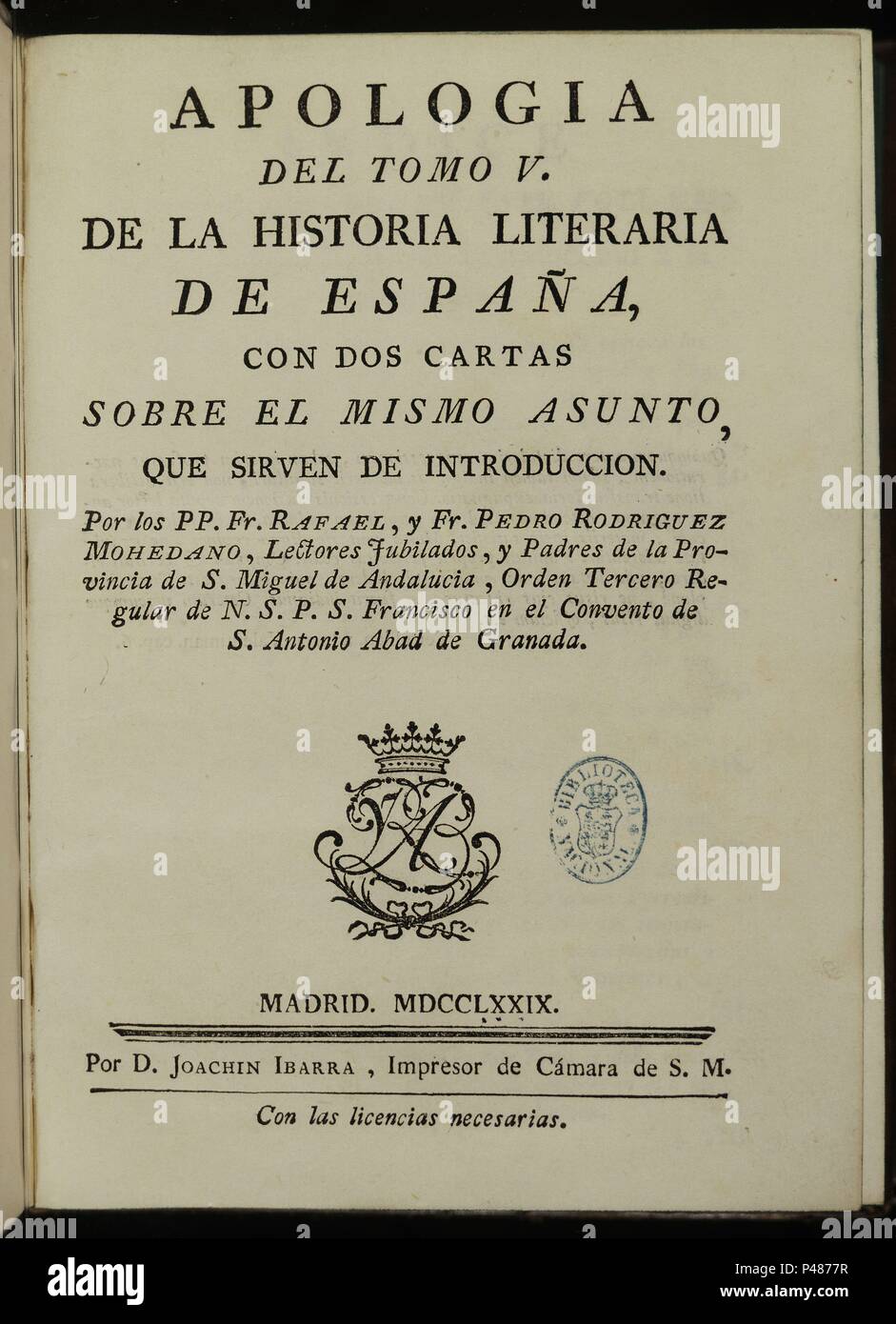 APOLOGIA-HISTORIA LITERARIA DE ESPAÑA-1779. Author: RODRIGUEZ MOHEDANO ...