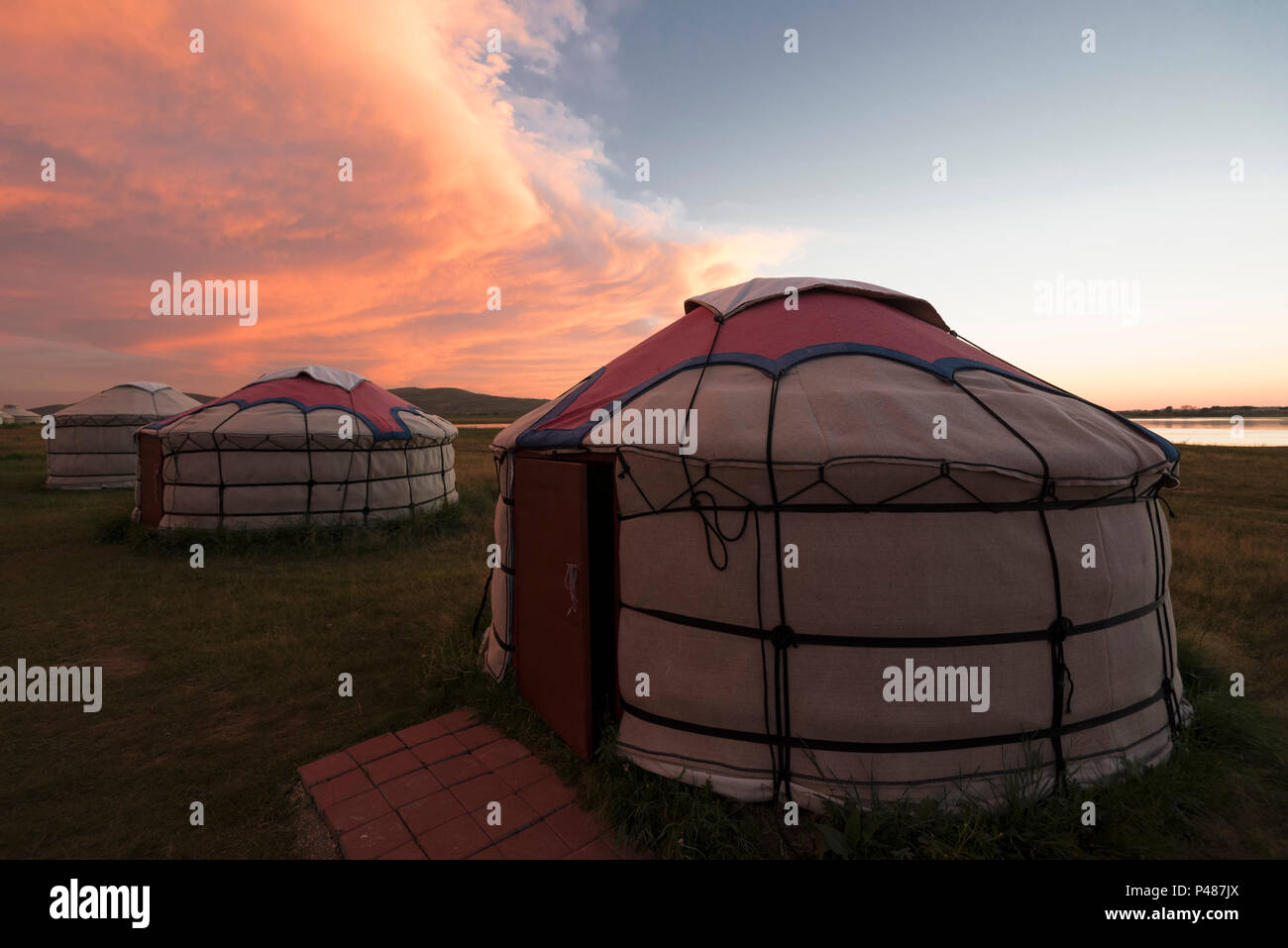 Yurts make up a summertime camp in the grasslands, Zhenglanqi Wuyi, Inner Mongolia, China Stock Photo