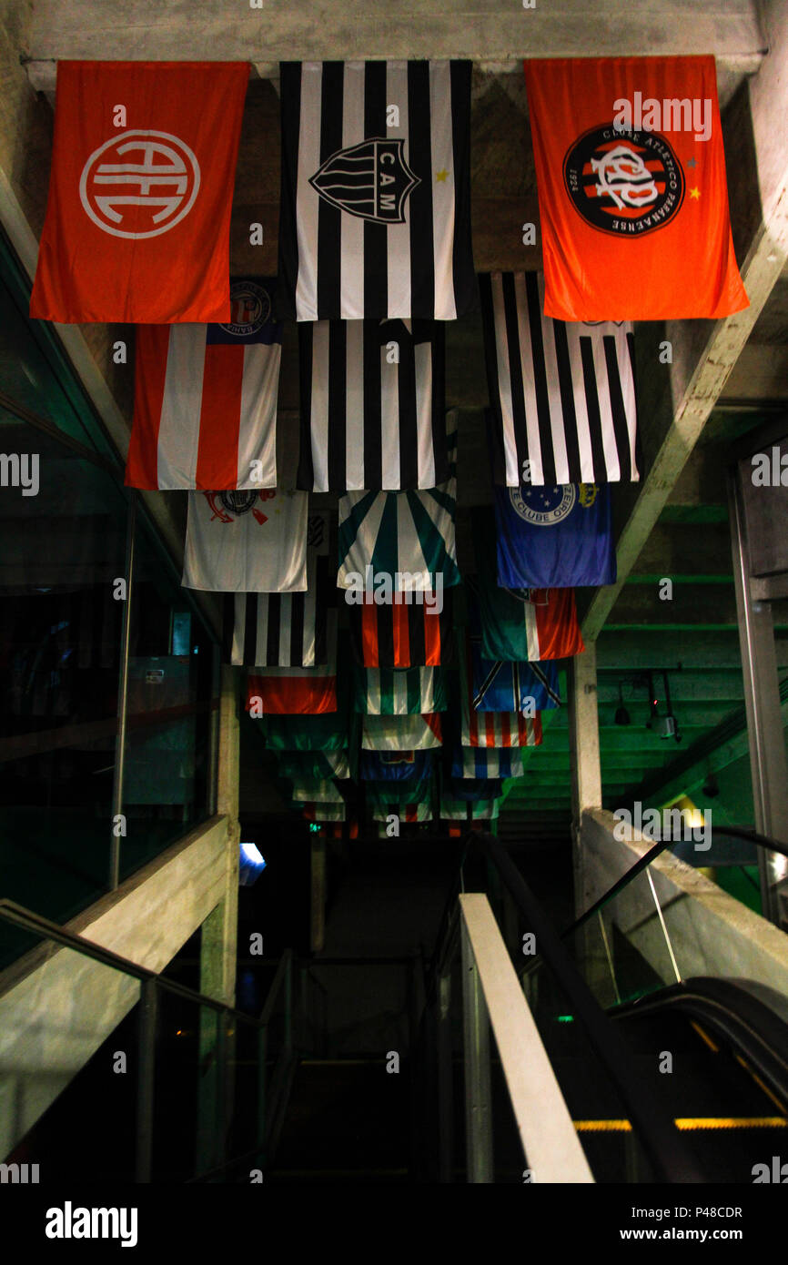 SÃO PAULO, SP - 14.04.2015: MUSEU DO FUTEBOL EM SP - Bandeiras de clubes brasileiros durante visita ao Museu do Futebol  realizada no Estádio do Pacaembu. (Foto: Marco Galvão / Fotoarena) Stock Photo