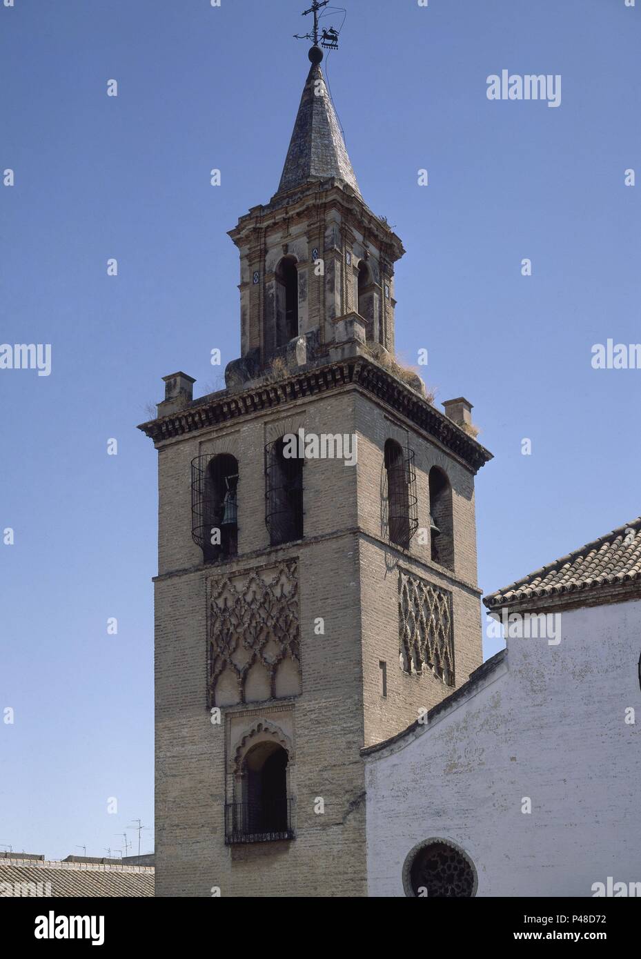 TORRE ALMINAR ALMOHADE-1257-CON DECORACION DE SEBKA-INFLUENCIA DE LA GIRALDA. Location: IGLESIA DE OMNIUM SANCTORUM, SPAIN. Stock Photo