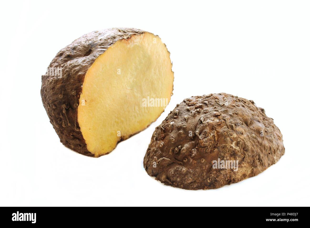 Raw Elephant Yam cut in half / Suran (Chena) isolated on white , selective focus Stock Photo