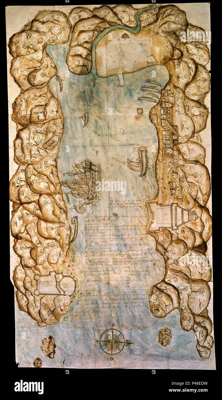 Map of the city and the bay of Portobello, Panama. 1688. Seville, Archivo Indias. Location: ARCHIVO DE INDIAS, SEVILLA, SEVILLE, SPAIN. Stock Photo