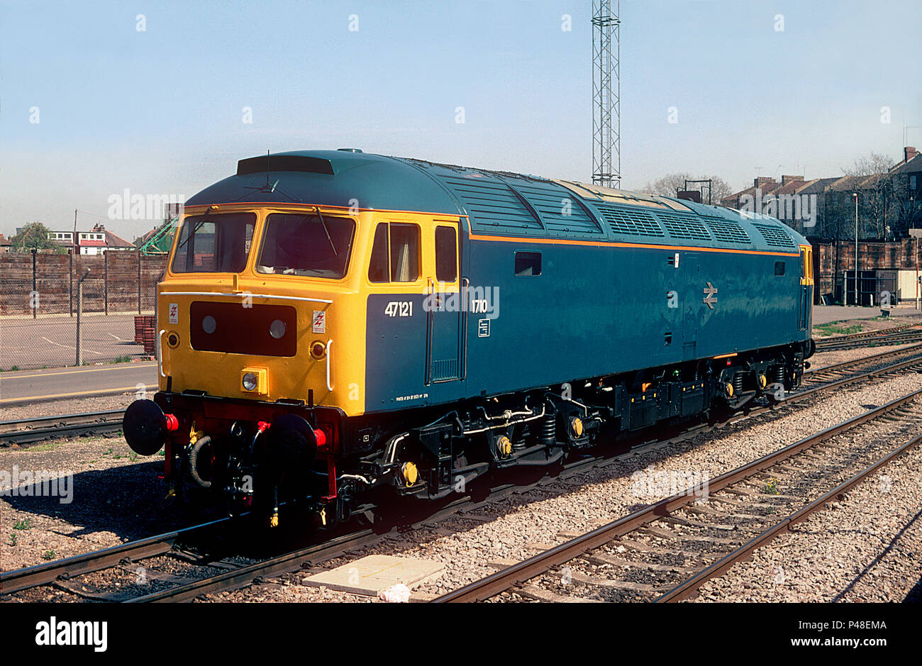 A class 47 diesel locomotive number 47121 (1710) freshly painted in retro BR blue stands in Acton yard on the 11th April 1994. Stock Photo