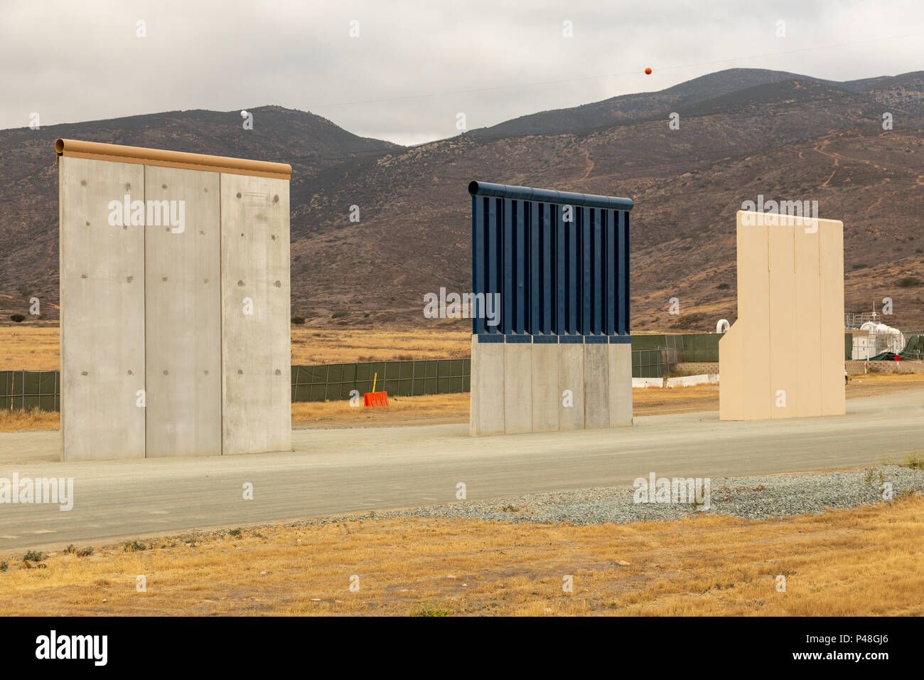 Prototypes of the proposed new Trump wall erected near the Otay Mesa Port of entry in California and Tijuana, Mexico. Stock Photo