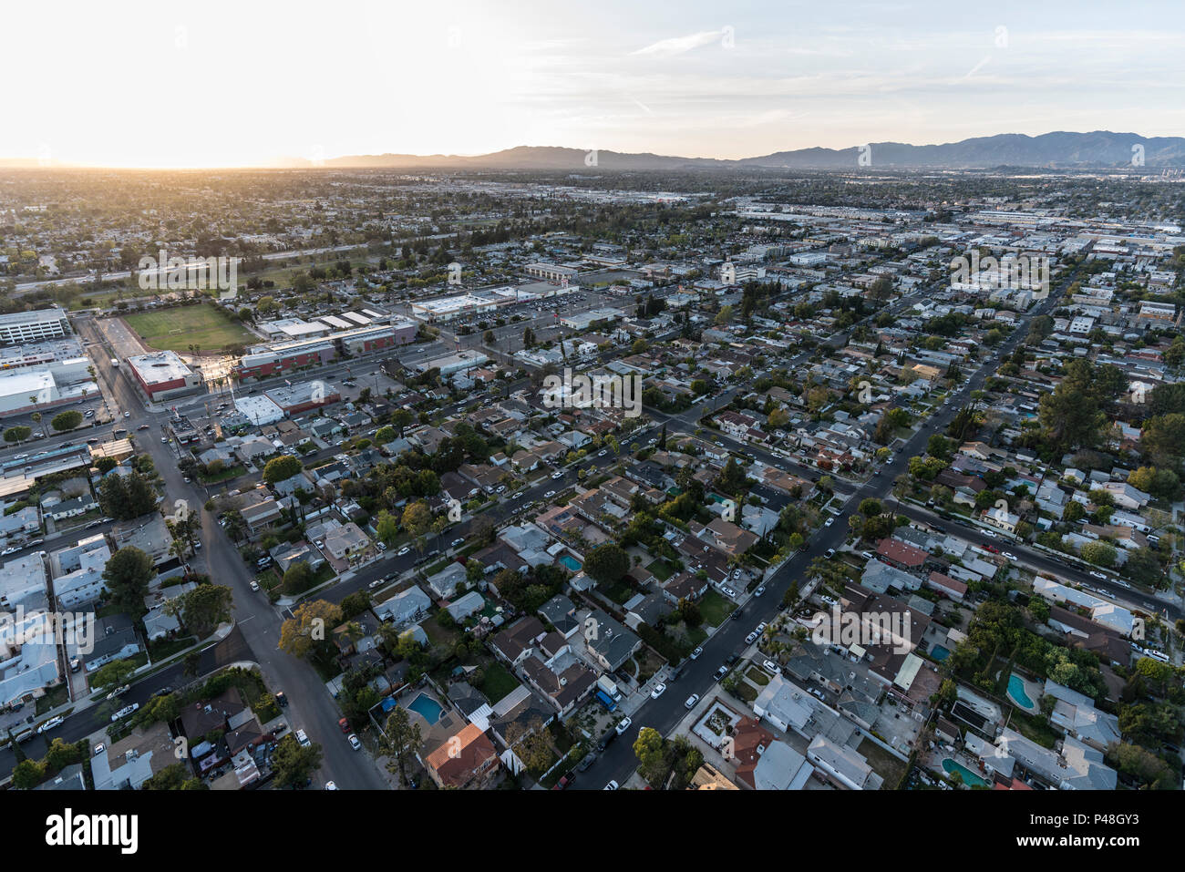 North Hollywood, California, USA - April 18, 2018:  Sunset aerial view towards Laurel Canyon Bl in the San Fernando Valley area of Los Angeles. Stock Photo