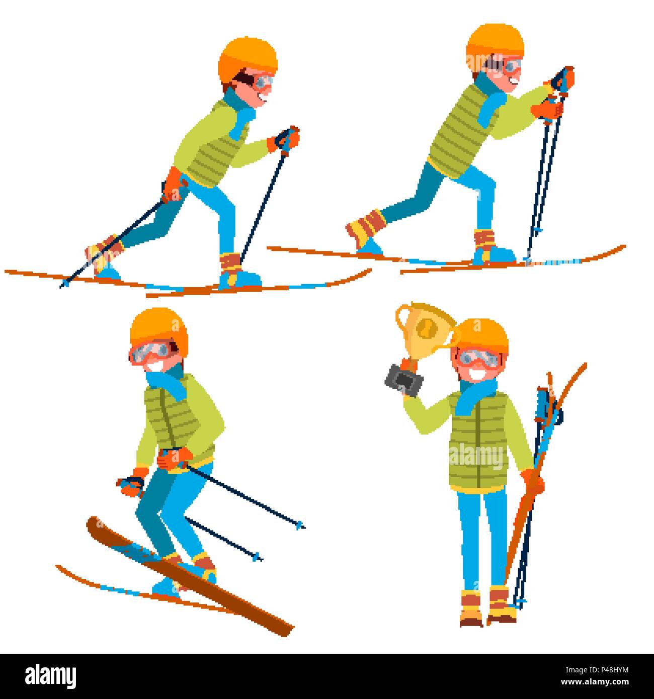 Skiing Young Man Vector. Man. Enjoying Snow Landscape. Skier And Snow