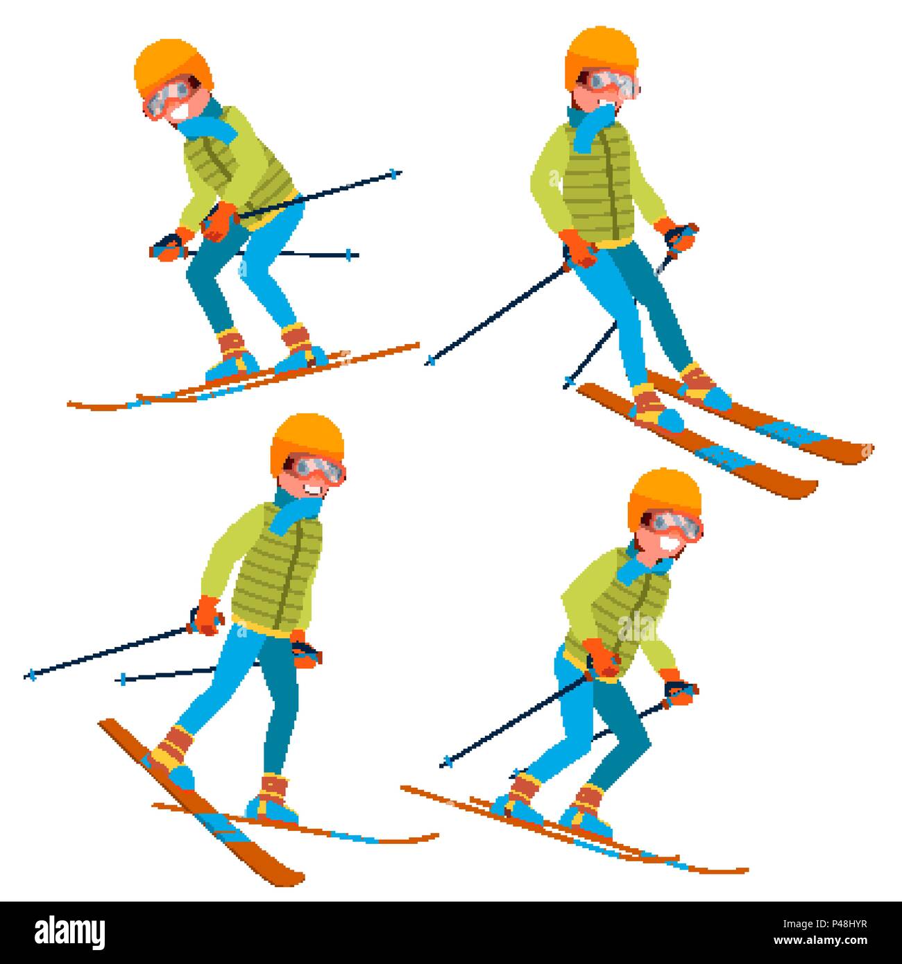 Skiing Male Vector. With Goggles And Ski Suit. Skiing In Winter