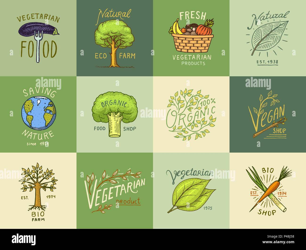 Healthy Organic food logos set or labels and elements for Vegetarian ...