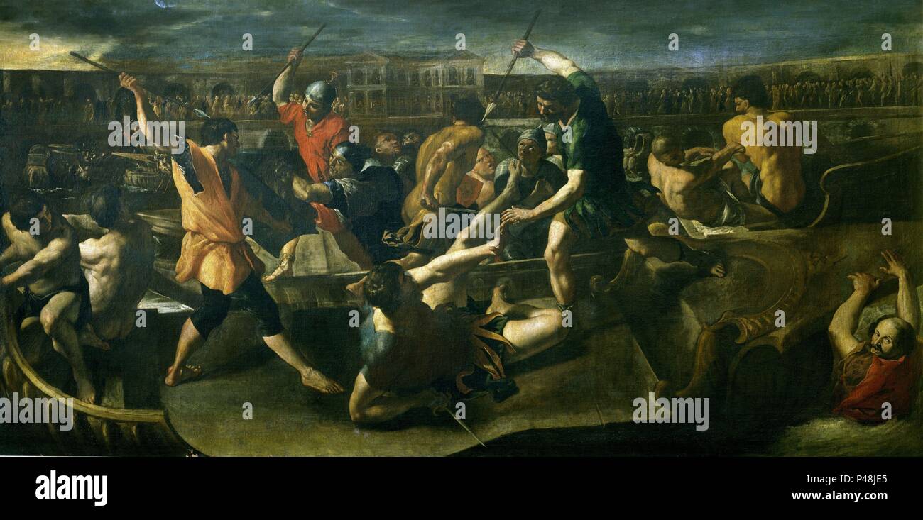 'Roman Naumachia', ca. 1635, Oil on canvas, 181 cm x 362 cm, P00235. Author: Giovanni Lanfranco (1582-1647). Location: MUSEO DEL PRADO-PINTURA, MADRID, SPAIN. Stock Photo