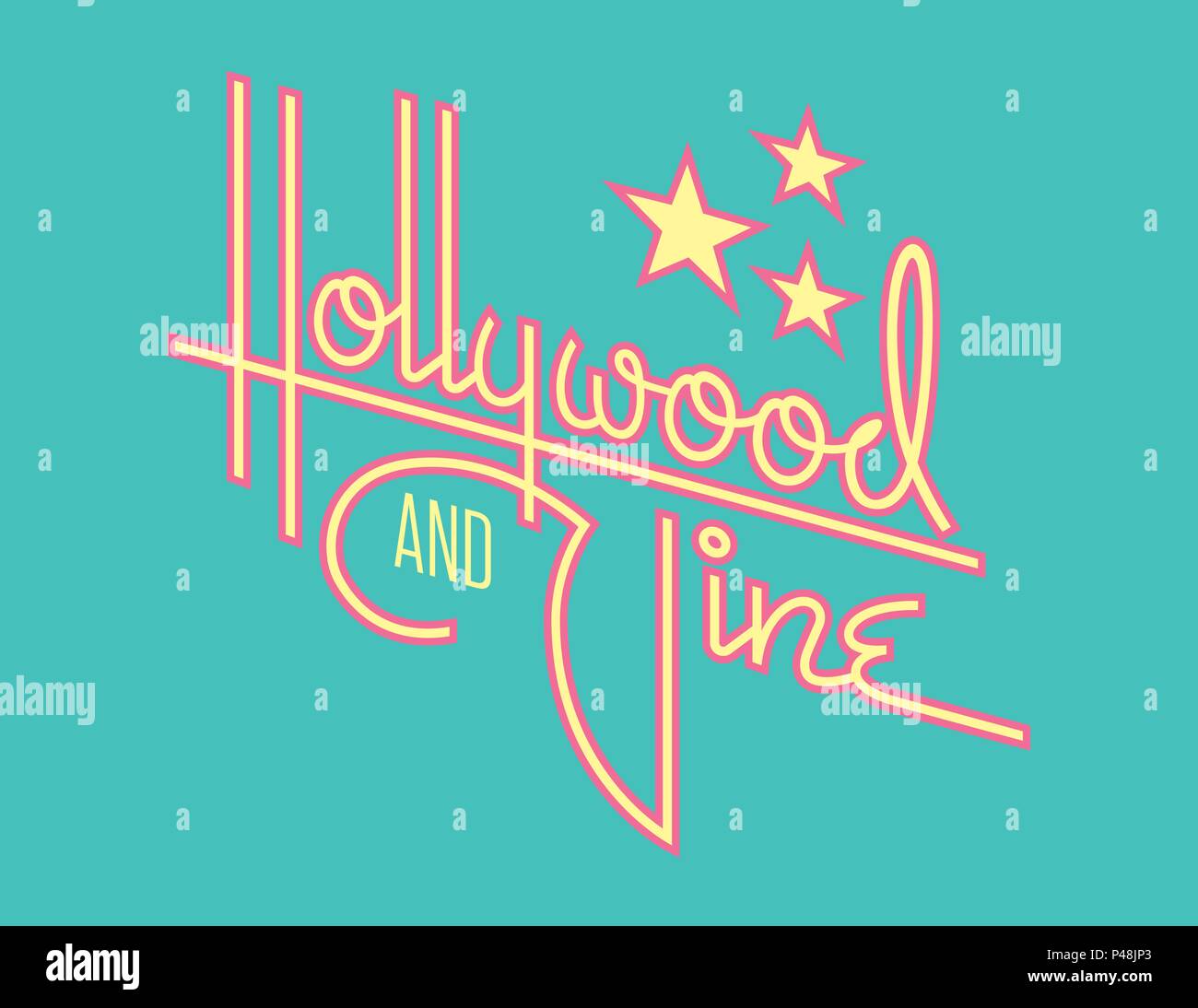 Hollywood Retro Vector Design with Stars. Custom hand drawn script design of the word Hollywood with retro 1950s style vibe. Stock Vector