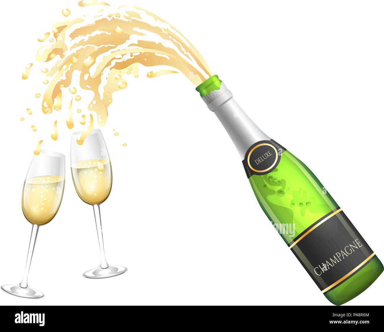 Champagne bottle and glasses. Opening champaign explosion pouring in crystal glass romantic concept vector illustration Stock Vector