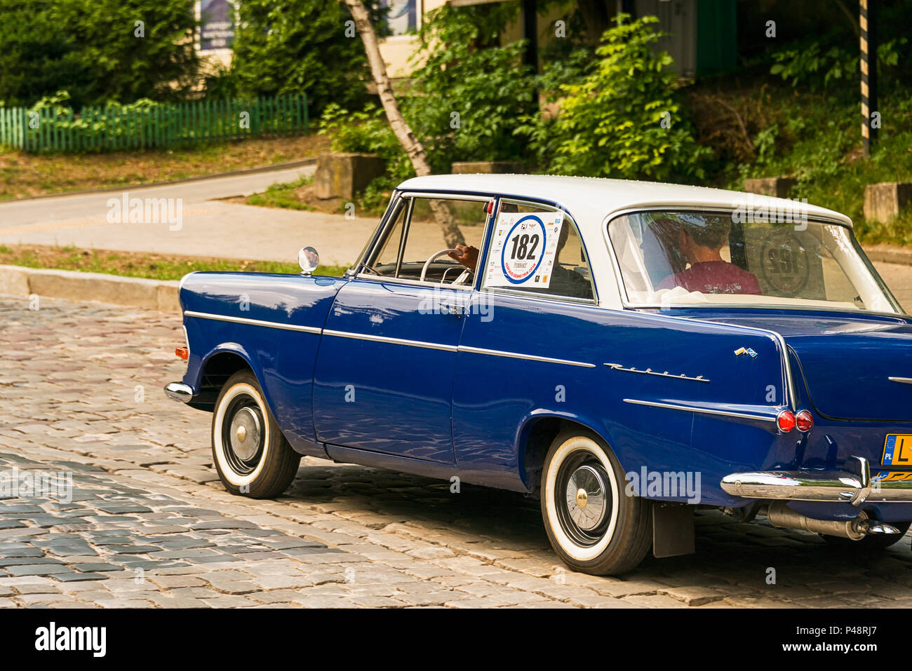 Lviv, Ukraine - June 3, 2018:Old retro car Opel RFN with its owner and an unknown passenger taking participation in race Leopolis grand prix 2018, Ukr Stock Photo