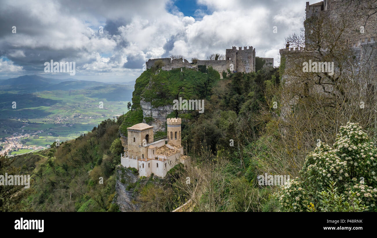 Historic mountain town Erice, Sicily with the castle and magnificent view to the surrounding farmland. Stock Photo