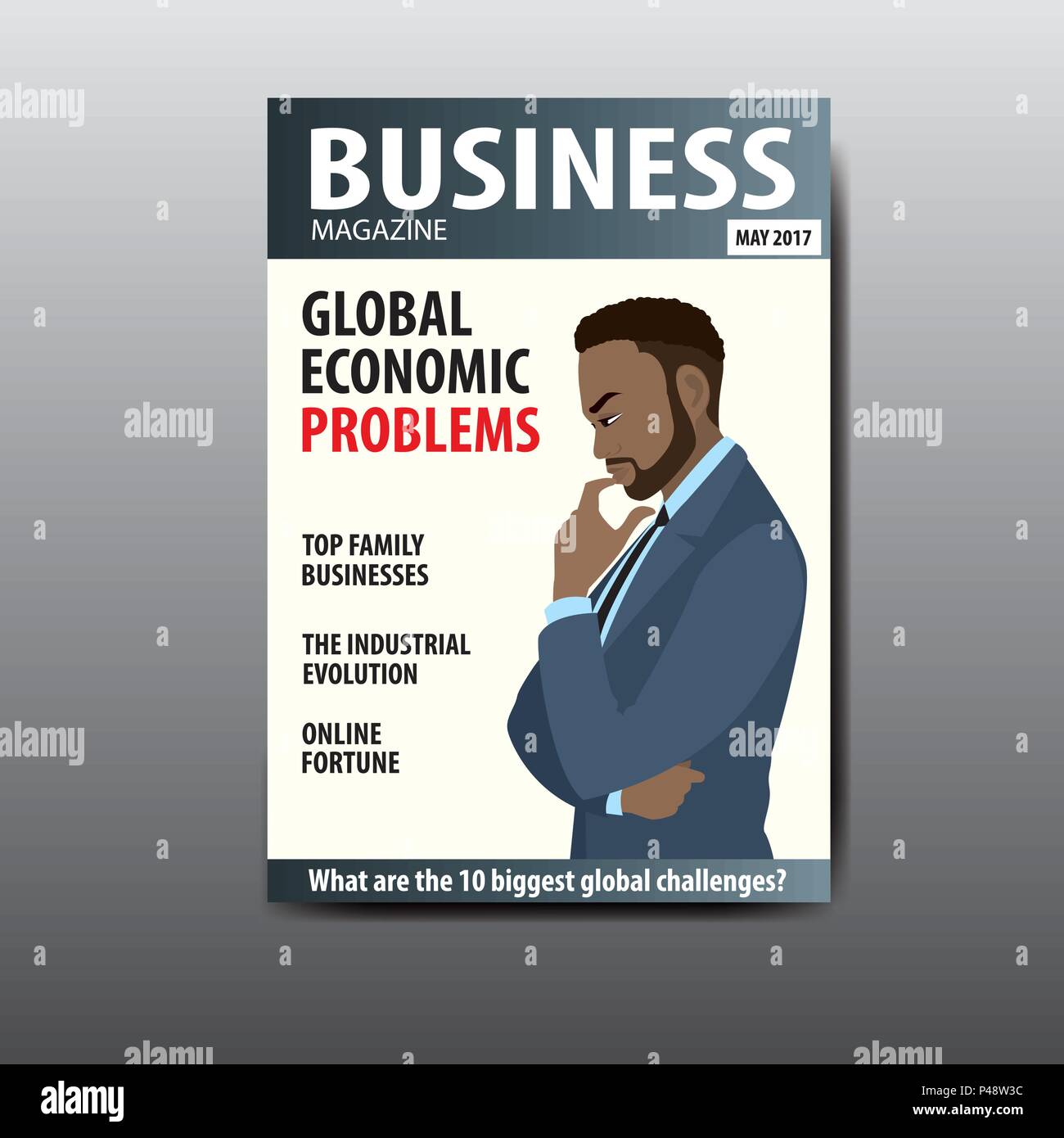 The blank magazine cover,african american businessman thinking about a problem, template, stock vector illustration Stock Vector