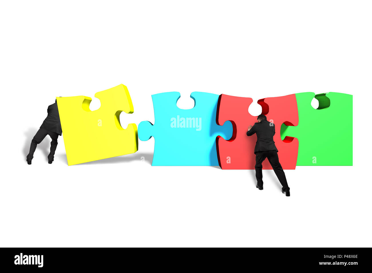 Men assembling puzzles isolated in white background Stock Photo