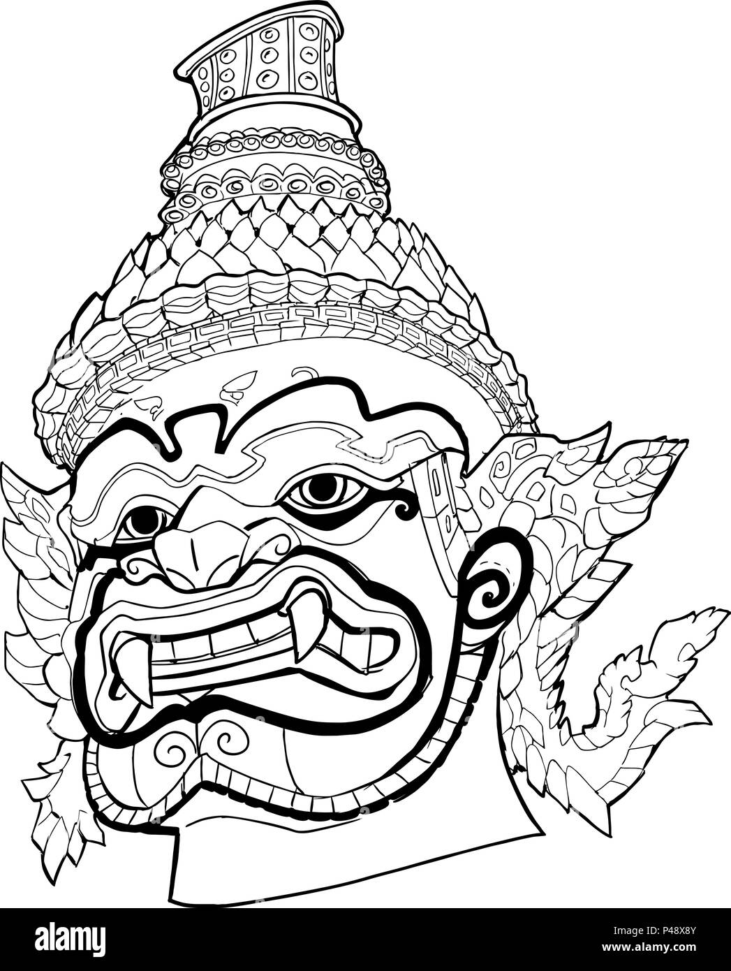 Thai Demon Black and White Stock Vector