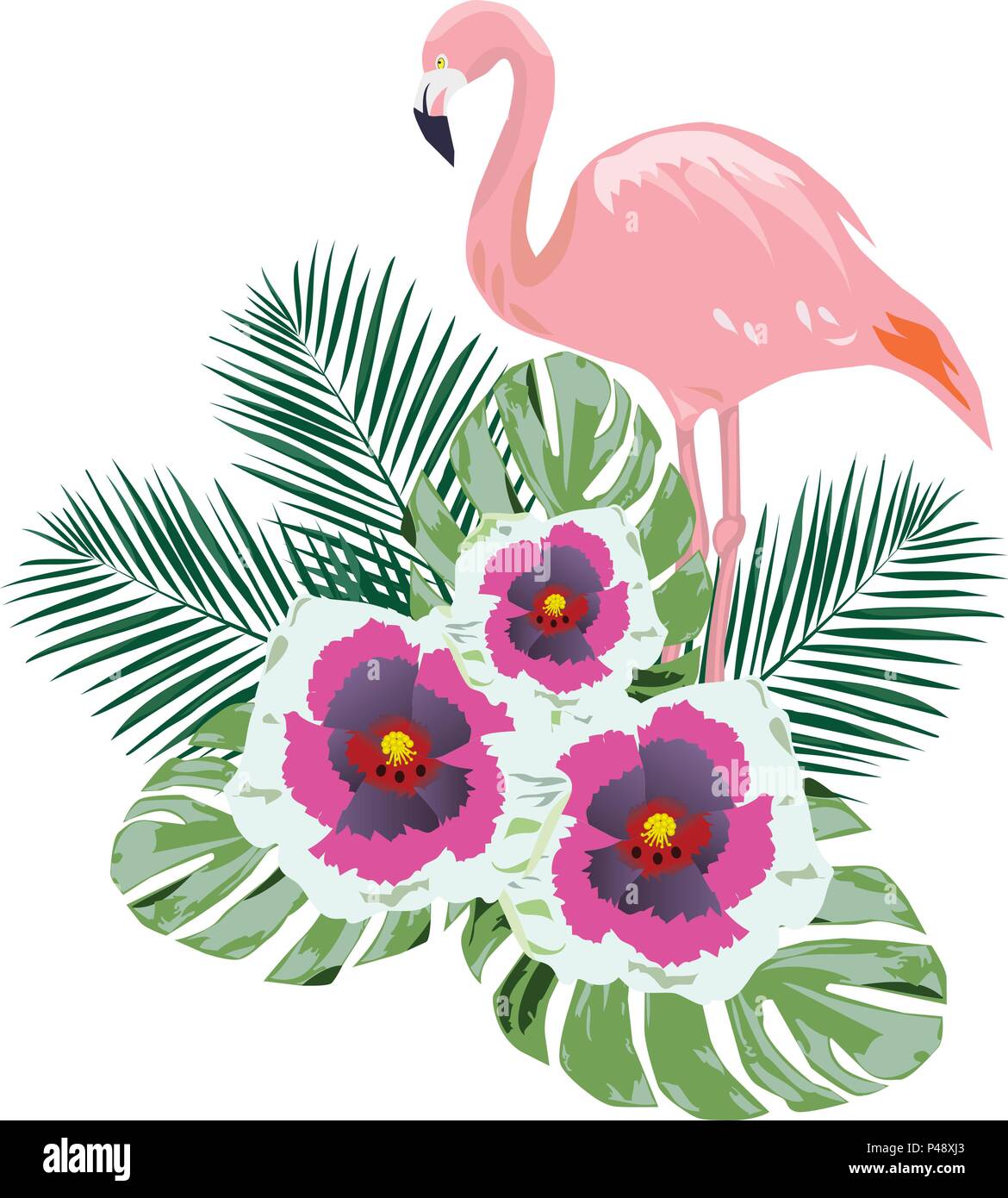 vector illustration of tropical background with flamingo, flowers Stock ...