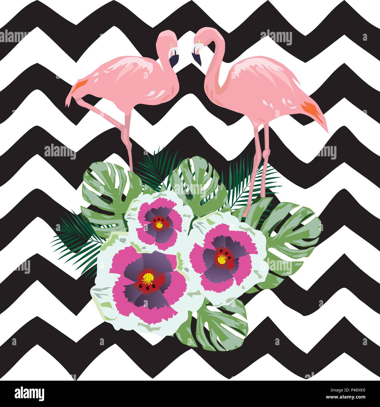 vector illustration of tropical background with flamingo, flowers Stock ...