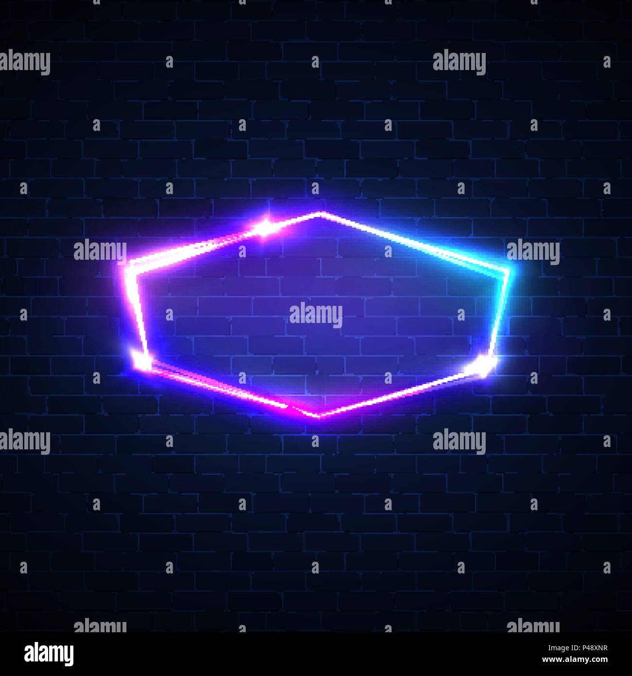 Night club neon sign. Blank 3d retro light signage. Techno frame with neon glowing on dark blue brick texture wall. Electric street night city banner  Stock Vector