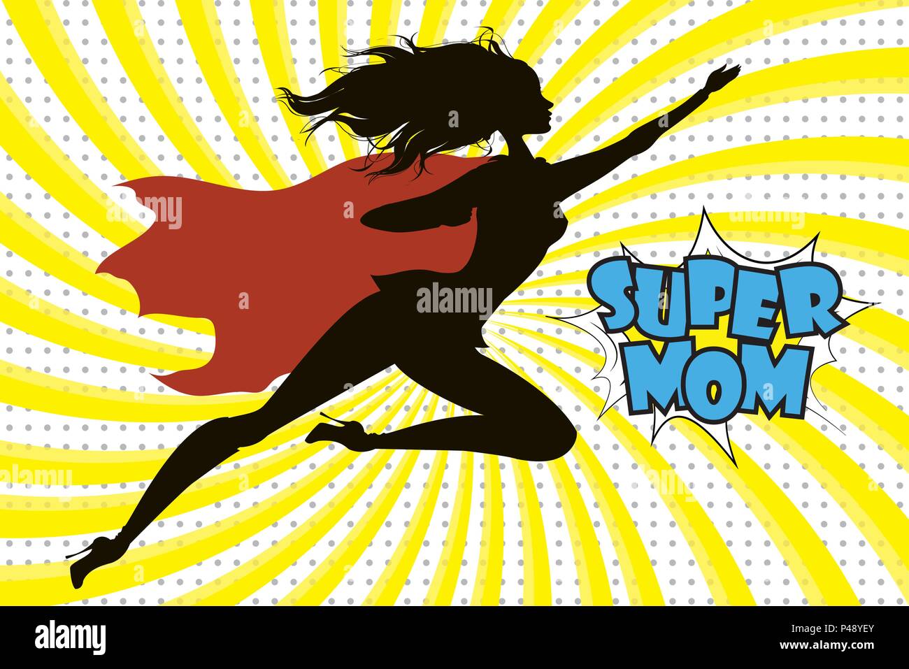 Super Hero Mommy silhouette and text in retro comic style.Stock vector illustration Stock Vector