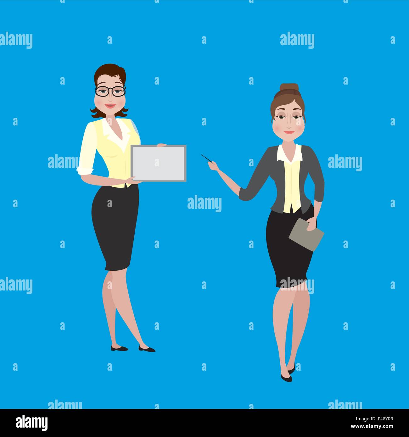 Two Businesswoman or office worker ,different character, isolated on white background, stock vector illustration. Stock Vector