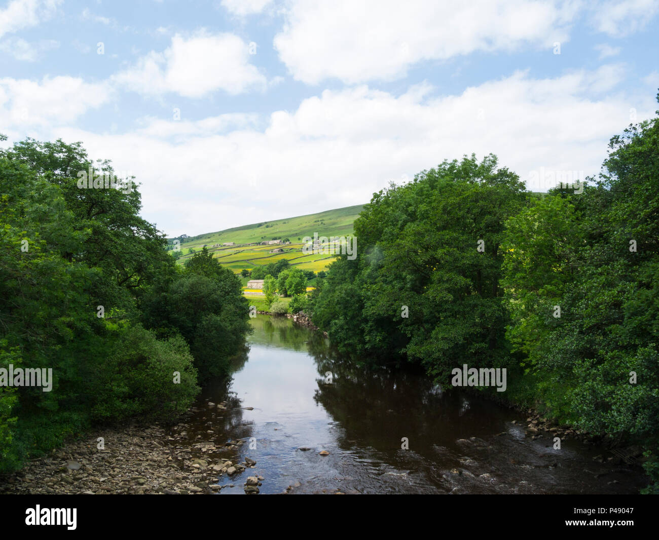 View along River Swale near Gunnerside Swaledale Yorkshire Dales National Park England UK Stock Photo