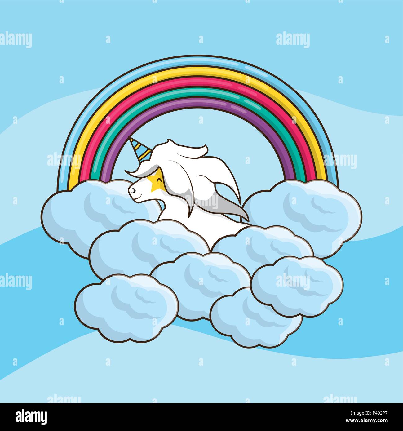 Cute unicorn on the clouds and rainbow over blue background, vector ...