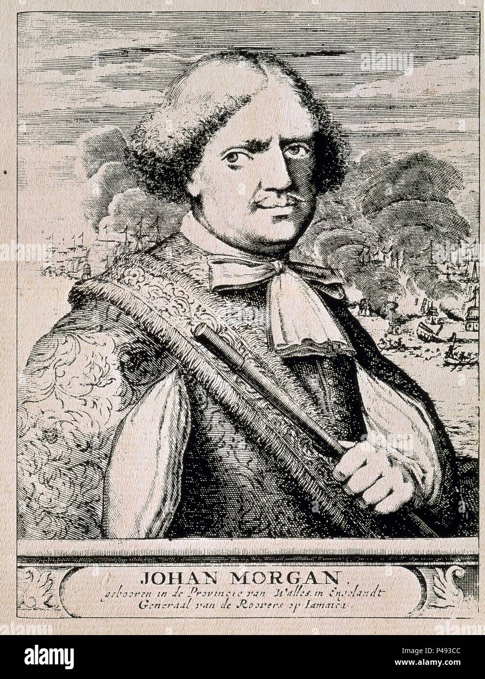 'Henry Morgan' from the book 'The Buccaneers of America', published in 1678. Author: EXQUEMELIN, ALEXANDRE OLIVIER. Stock Photo