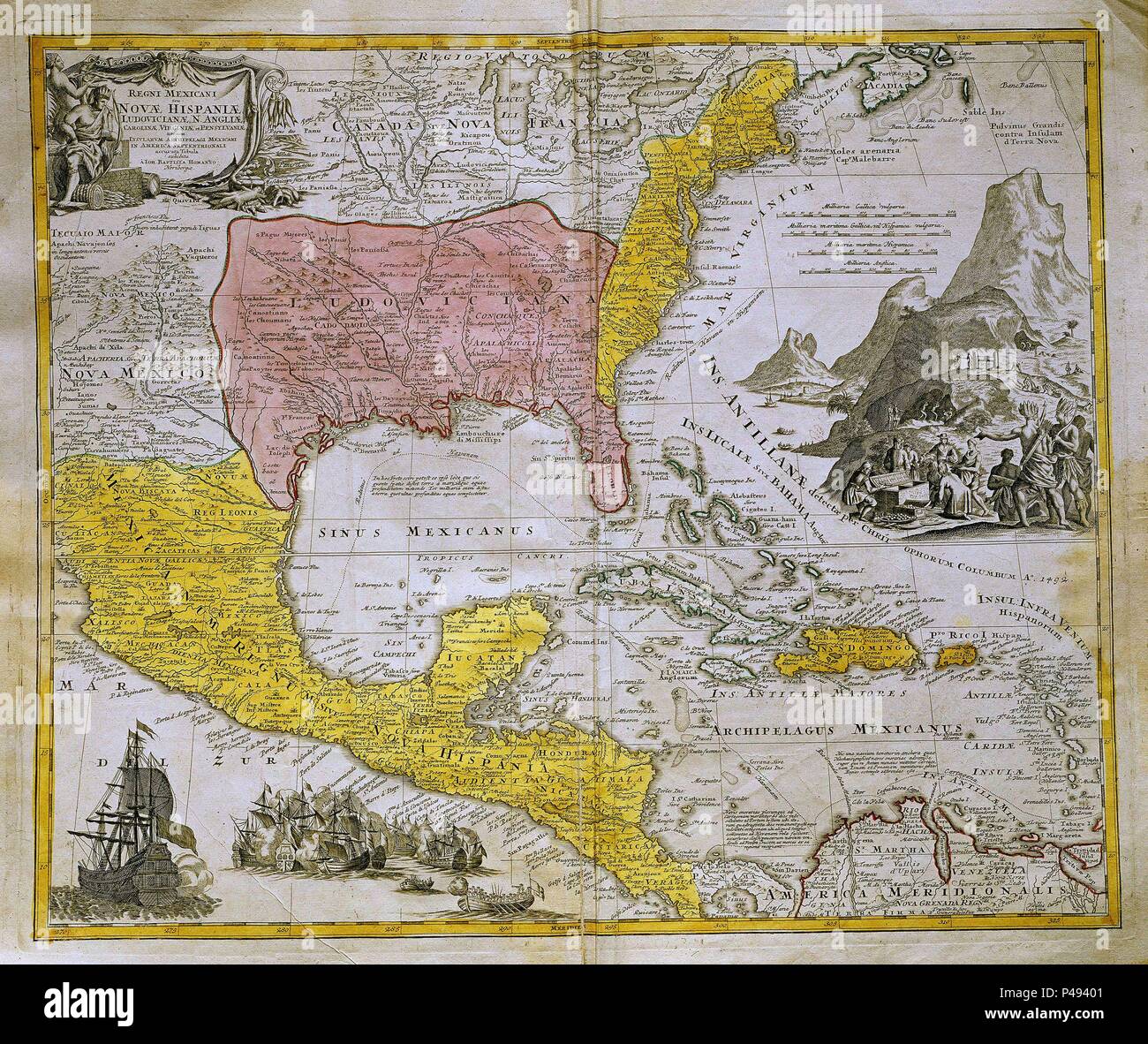REGNI MEXICANI NOVA HISPANIAE - 1740. Author: Johann Baptista Homann (1664-1724). Location: SERVICIO GEOGRAFICO DEL EJERCITO, MADRID, SPAIN. Stock Photo