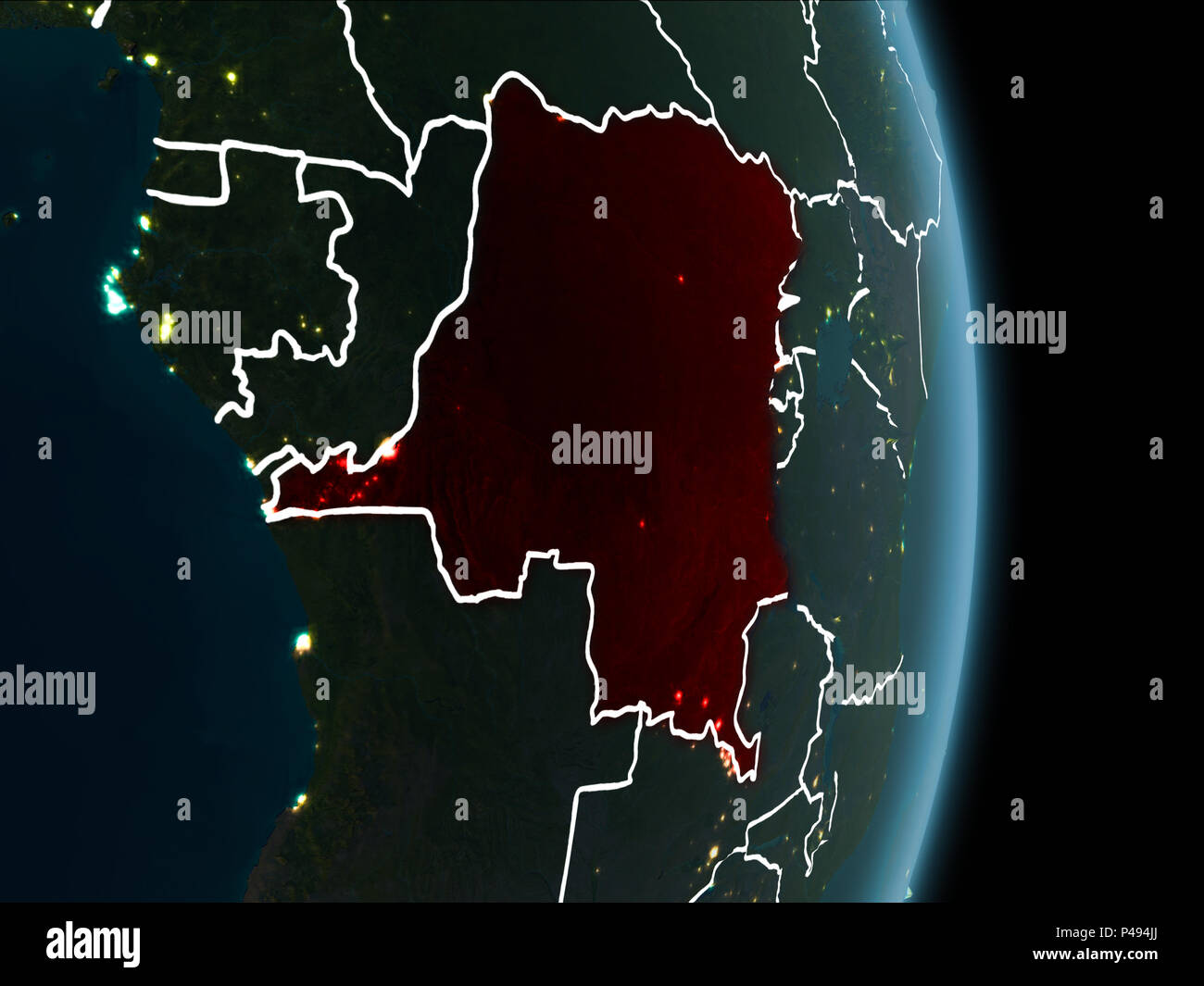 Map of Democratic Republic of Congo in red as seen from space on planet ...