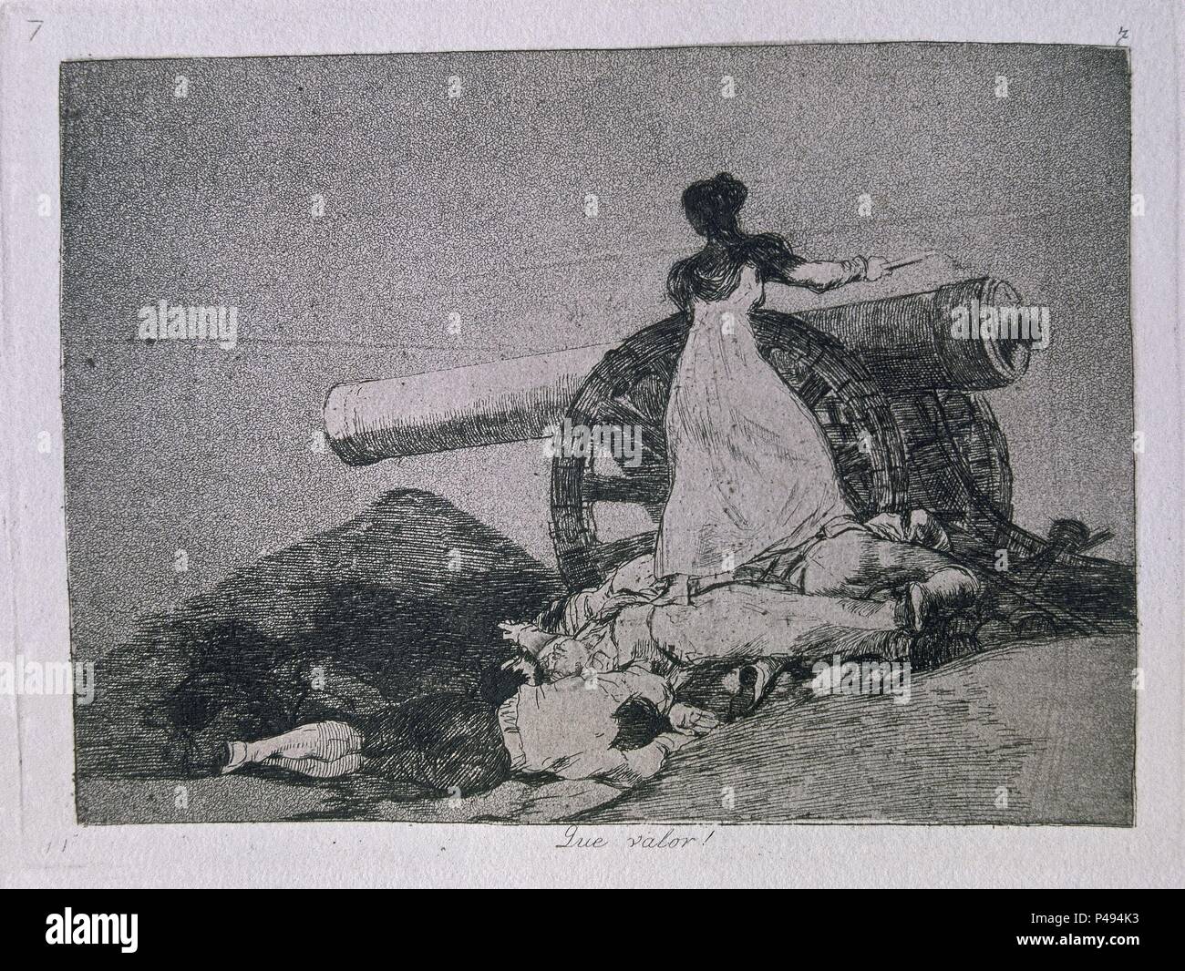 What courage!, plate 7 of 'The Disasters of War' (1810-1815), depicting Augustina of Aragon (d.1857) firing a cannon in defence of Saragossa in 1808 - 1863 - 15,8x20,9 cm- etching, aquatint, drypoint, burin and burnisher. Author: Francisco de Goya (1746-1828). Location: BIBLIOTECA NACIONAL-COLECCION, MADRID, SPAIN. Also known as: DESASTRES DE LA GUERRA (1810-1815) -DESASTRE Nº 7- ¡QUE VALOR!. Stock Photo