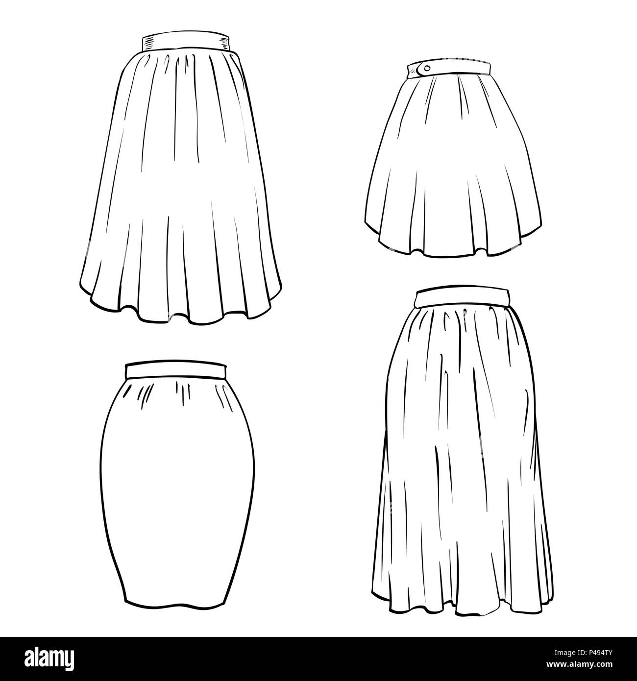 Hand drawn of Skirt Isolated on white background. Black and White simple line Vector Illustration for Coloring Book - Line Drawing Vector Illustration Stock Vector