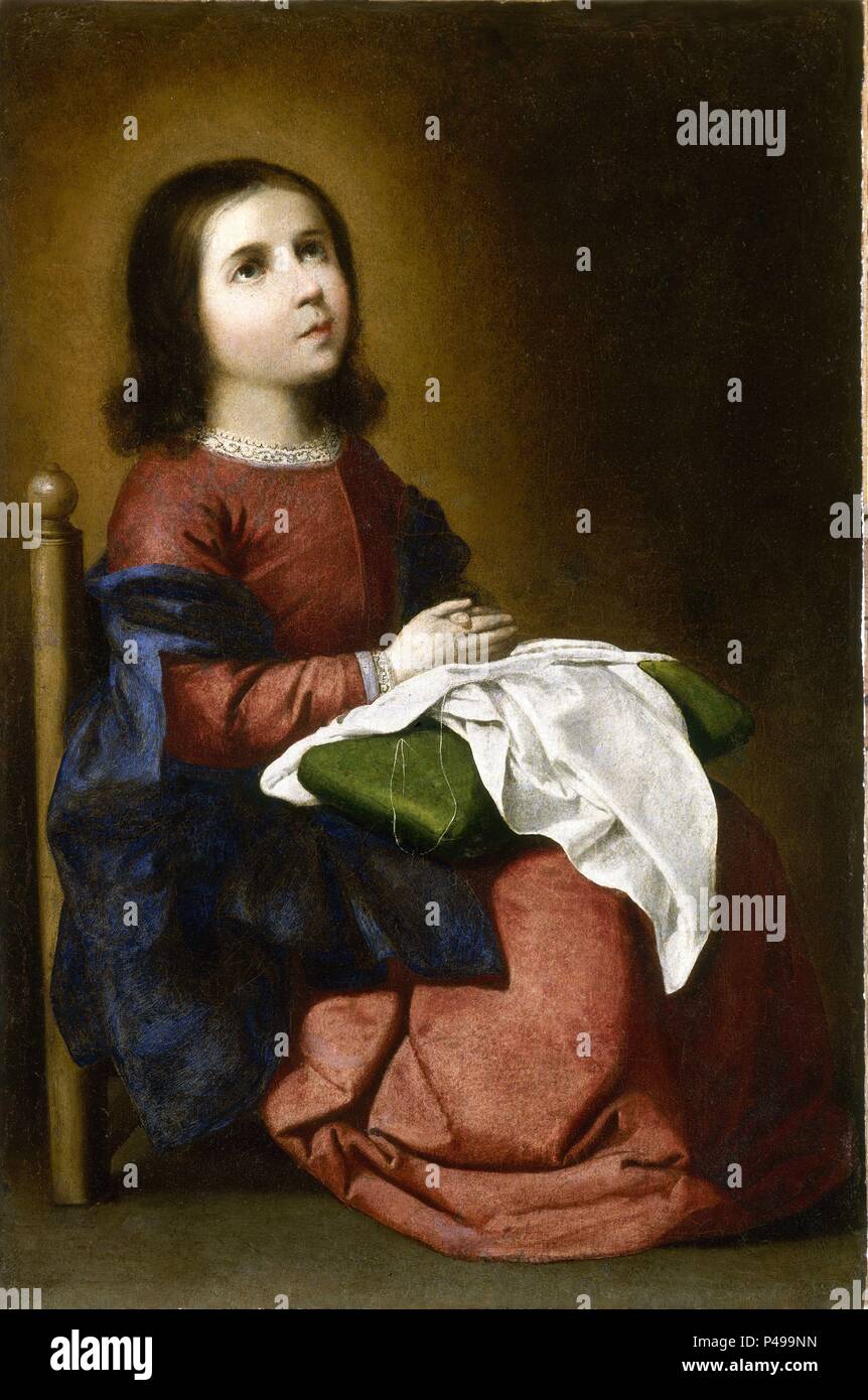 'Virgen niña rezando', c. 1660, Oil on canvas, 80 x 54 cm. Author: Francisco de Zurbaran (c. 1598-1664). Location: FUNDACION RODRIGUEZ ACOSTA, GRANADA, SPAIN. Stock Photo