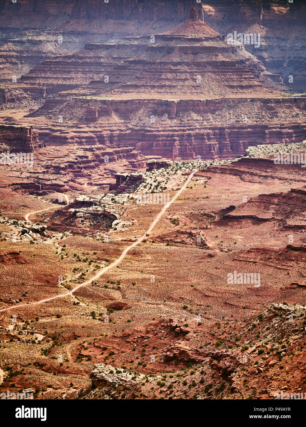 Aerial view of a dirt road in Canyonlands National Park, Island in the Sky region, Utah, USA. Stock Photo