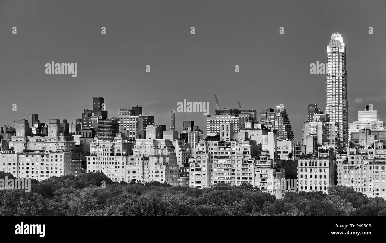 Black and white picture of Manhattan Upper East Side at dusk, New York City, USA. Stock Photo