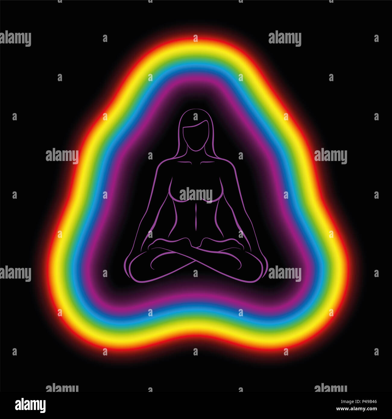 Meditating woman in yoga position with colorful aura or subtle body - illustration on black background. Stock Photo