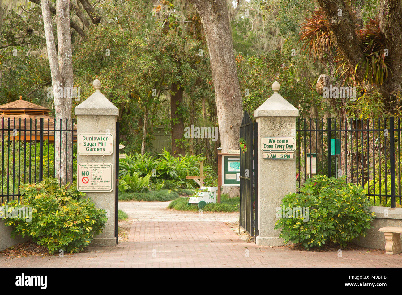 Entrance gate, Dunlawton Sugar Mill Gardens,  Florida Stock Photo