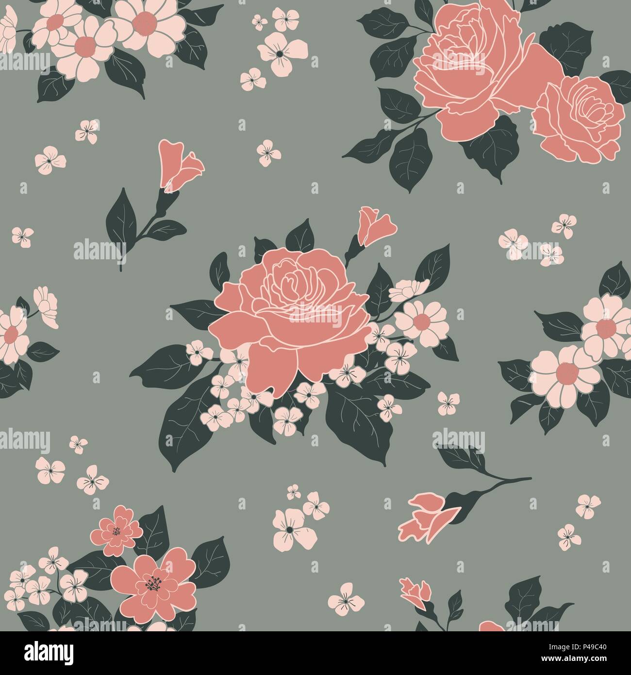 Seamless colorful luxury pattern - roses in blossom on gray background. Vector illustration. Stock Vector