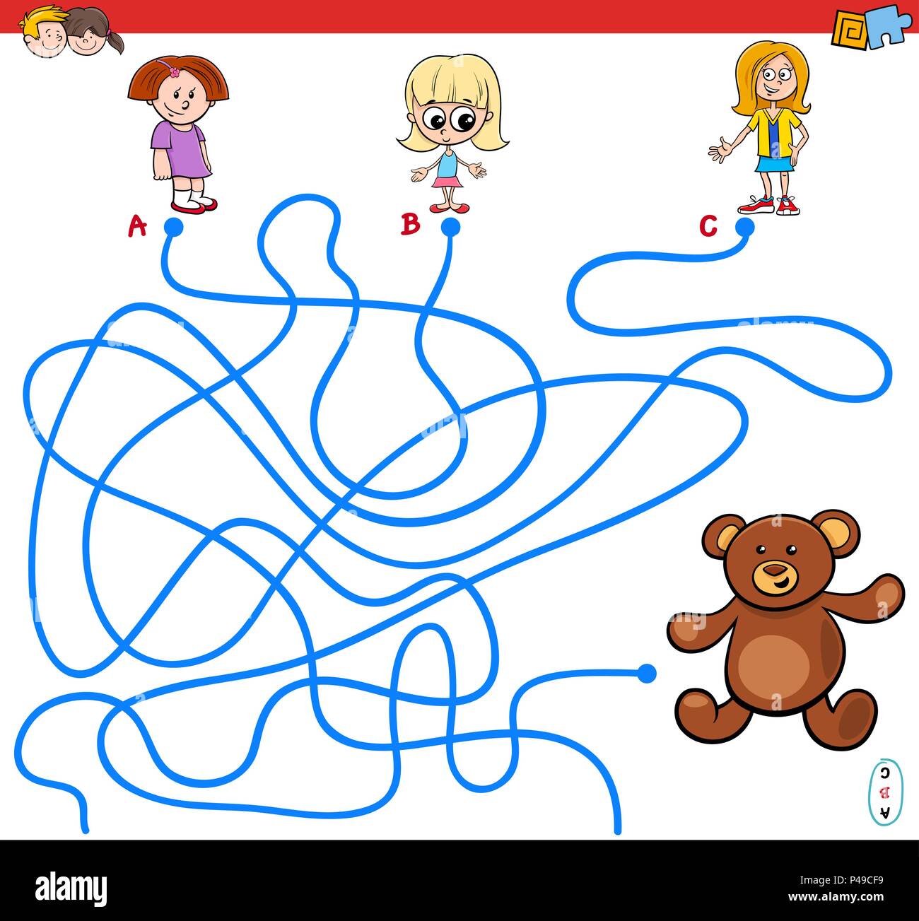 Cartoon Illustration of Paths or Maze Puzzle Activity Game with Little ...