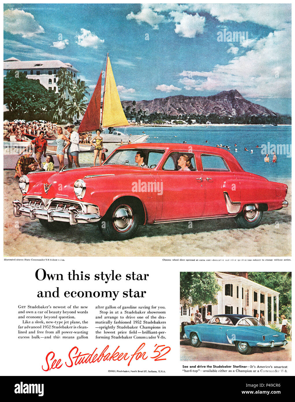 1951 U.S. advertisement for the 1952 Studebaker automobiles. Stock Photo