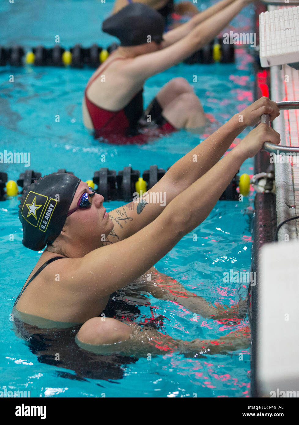 U.S. Army Reserve, Staff Sgt. Ashley Anderson, of Fort Riley, Kansas,  participates in the swimming competition during the 2016 Department of  Defense Warrior Games, in Arvin Gym, at the United States Military